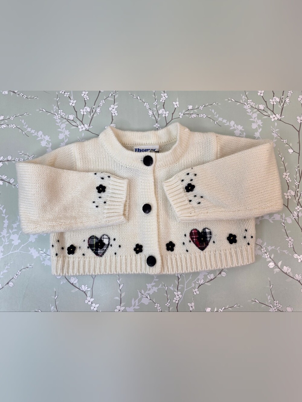 Vintage Girls Cream Knit Cardigan with Black Buttons & Plaid Heart Accents